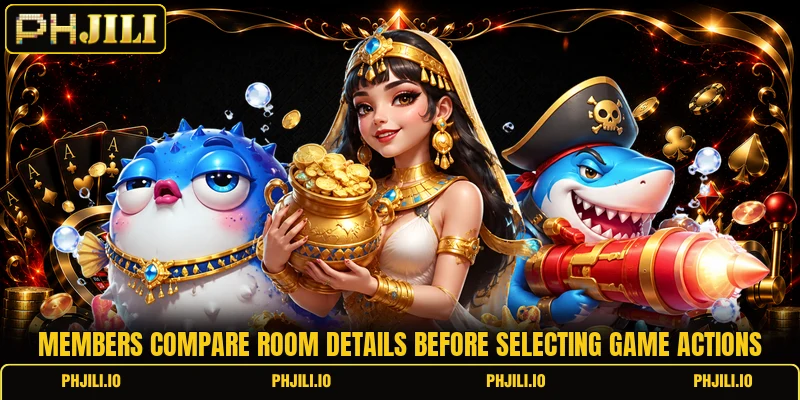 Members compare room details before selecting game actions